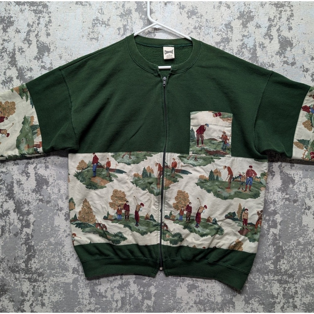VTG Cheetah Up-cycled Men's XL Sweater Green Cotton Polyester Golf Print Zip - Picture 2 of 15